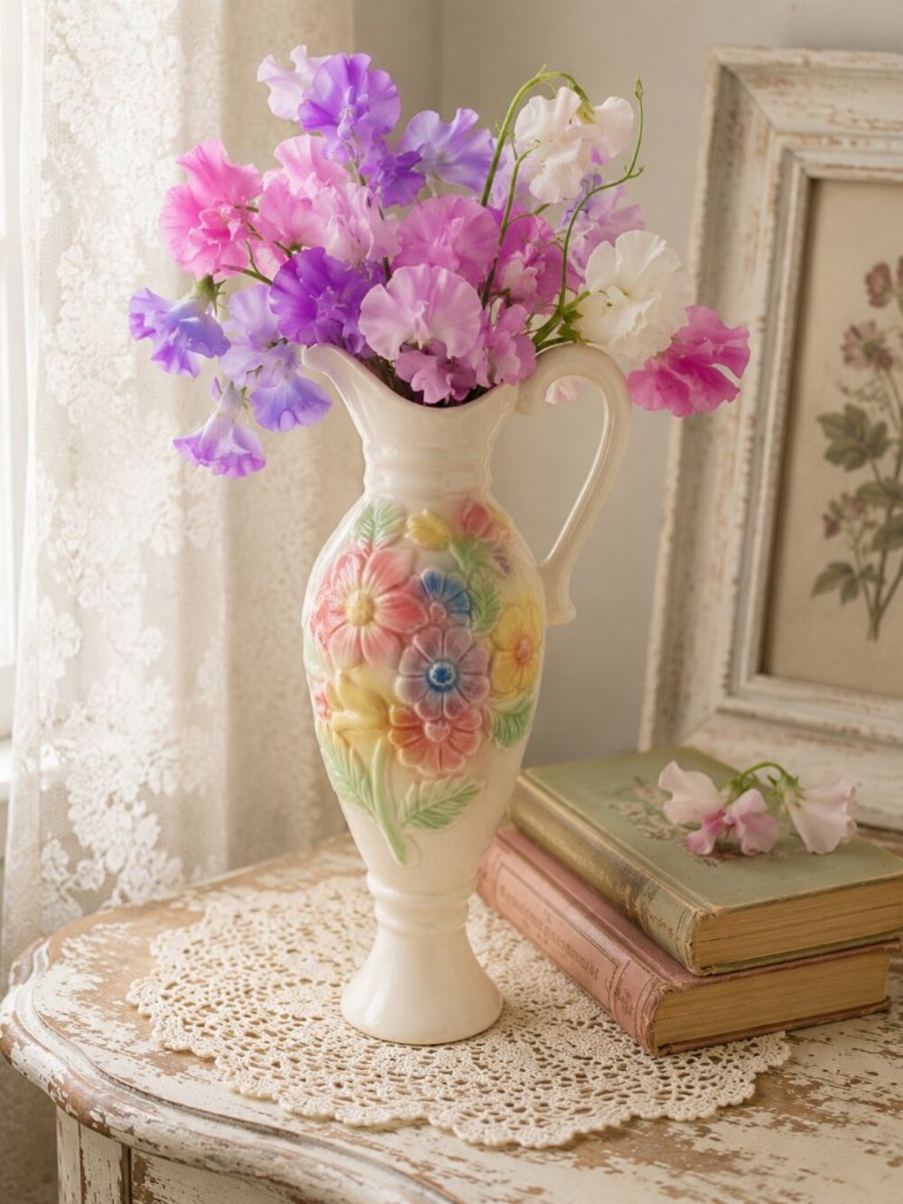 Vintage Ceramic Floral Pitcher Vase 8.25" Pastel Raised Flowers Pedestal Base